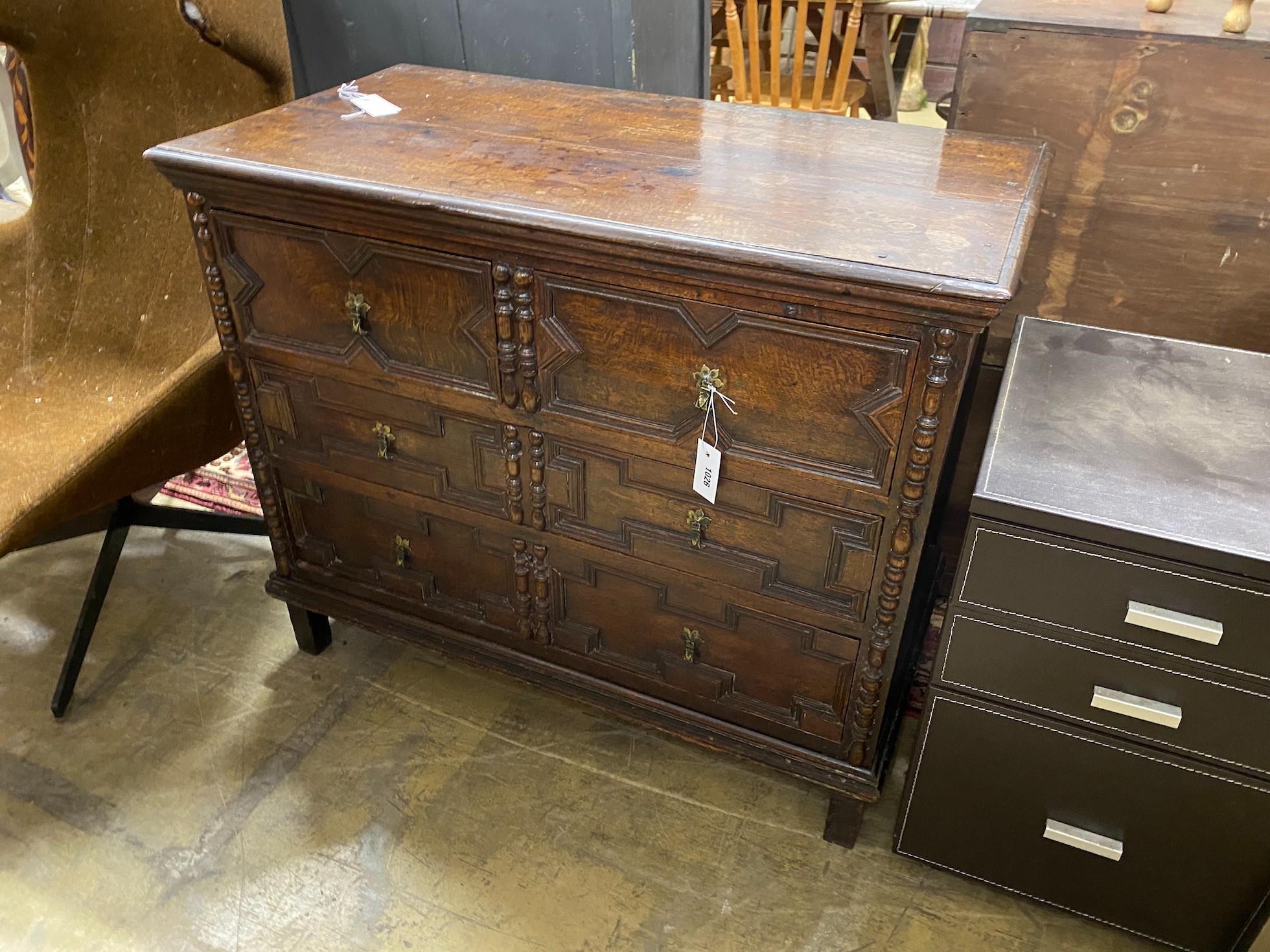 A late 17th century style oak chest of four drawers, width 100cm, height 84cm